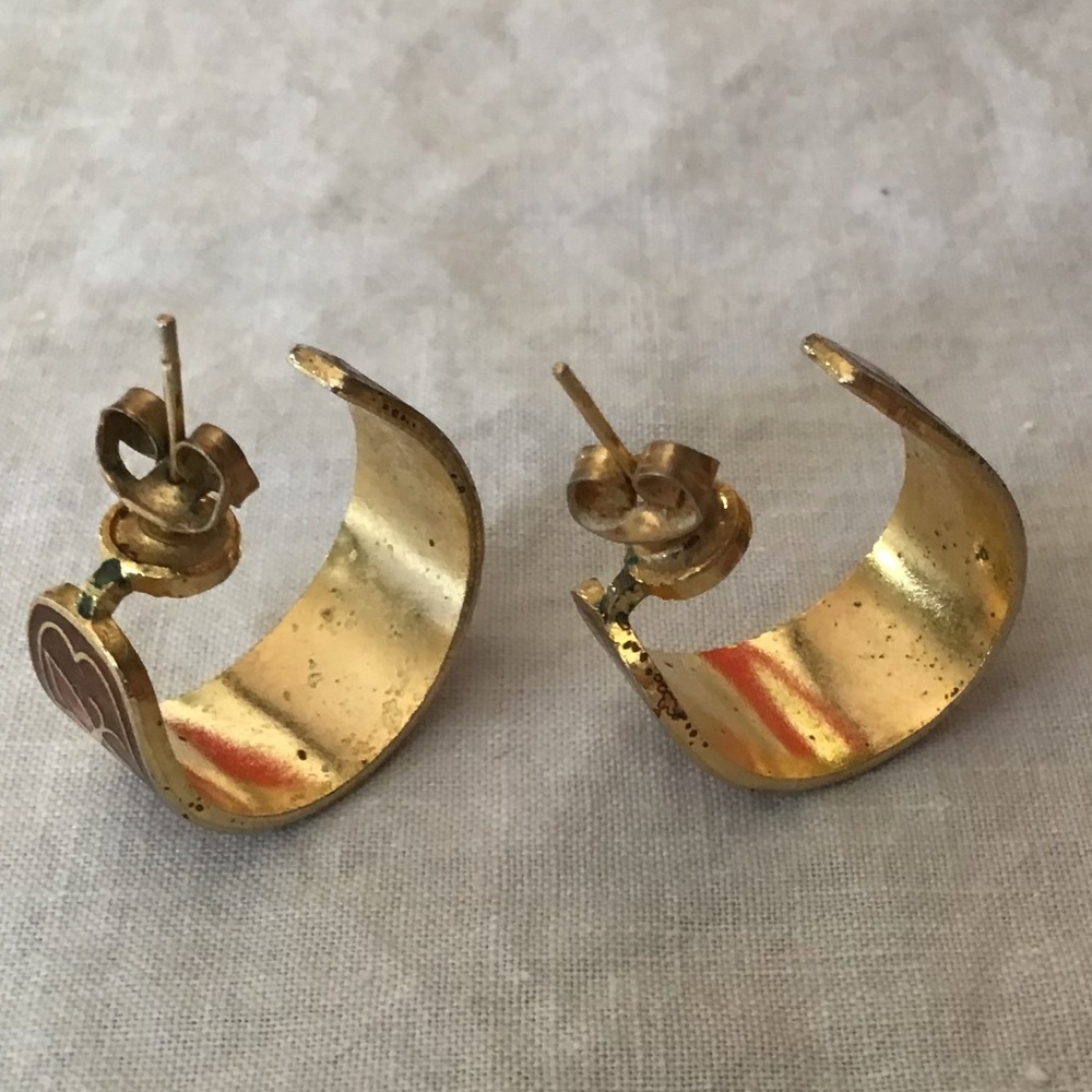 Vintage Cloisonné Enamel Floral Hoop Earrings Gold Tone Boho Retro Autumn - Picture 6 of 10